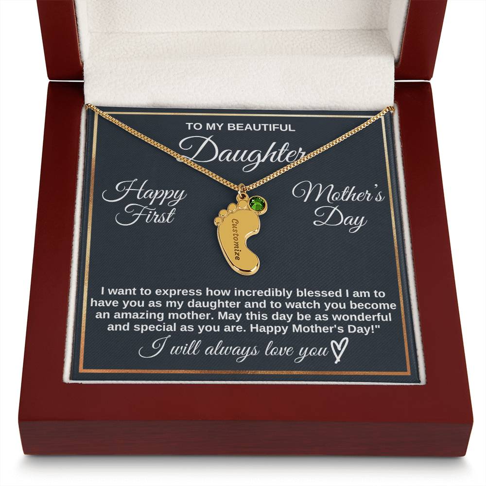 To Daughter Necklace - Engraved Baby Feet with Birthstones | First Mother's Day Gift