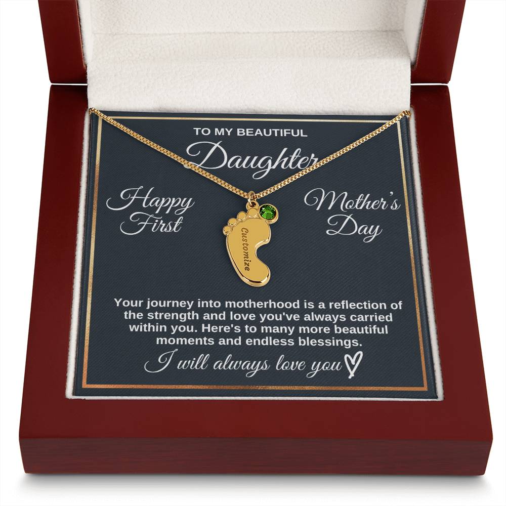 To Daughter Necklace - Engraved Baby Feet with Birthstones | First Mother's Day Gift