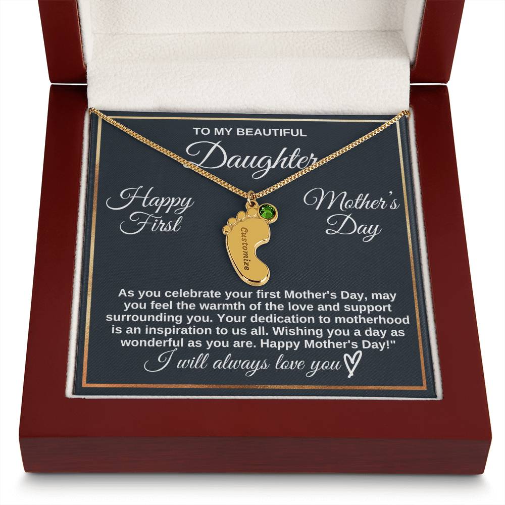 To Daughter Necklace - Engraved Baby Feet with Birthstones | First Mother's Day Gift