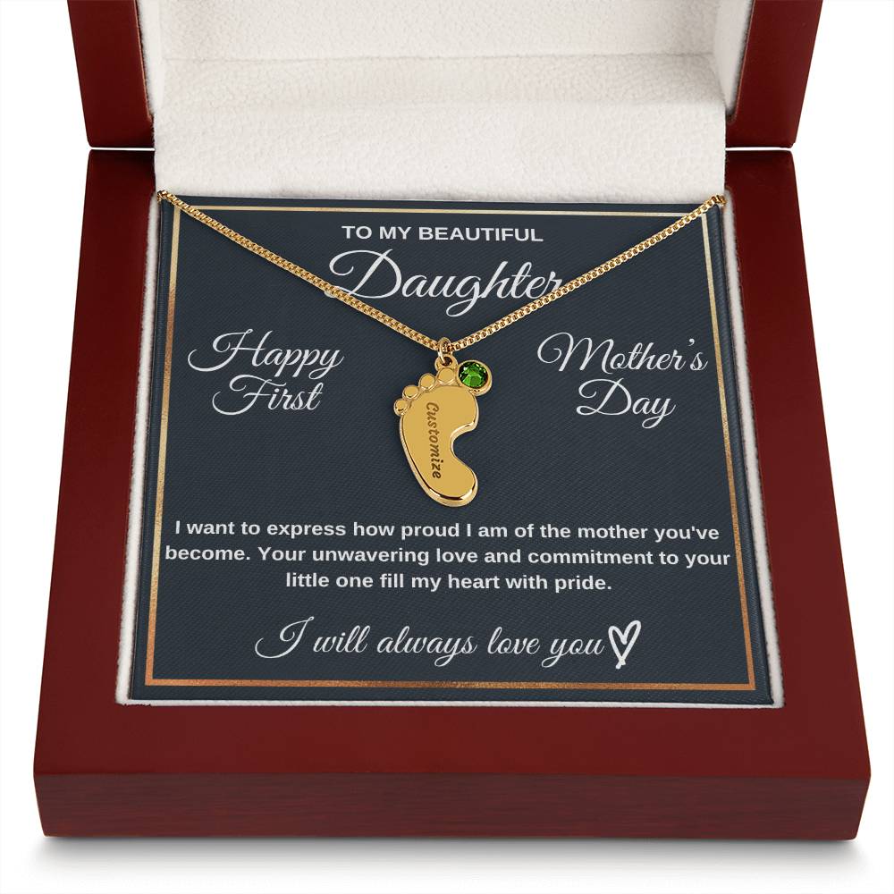 To Daughter Necklace - Engraved Baby Feet with Birthstones | First Mother's Day Gift