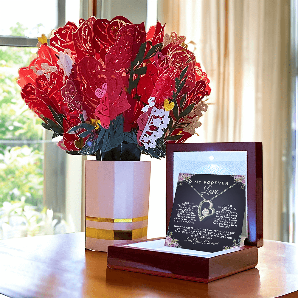 To My Wife – Forever Love Necklace and Flower Bouquet Gift Set | Romantic Birthday, Anniversary, or Christmas Jewelry Gift Made in USA