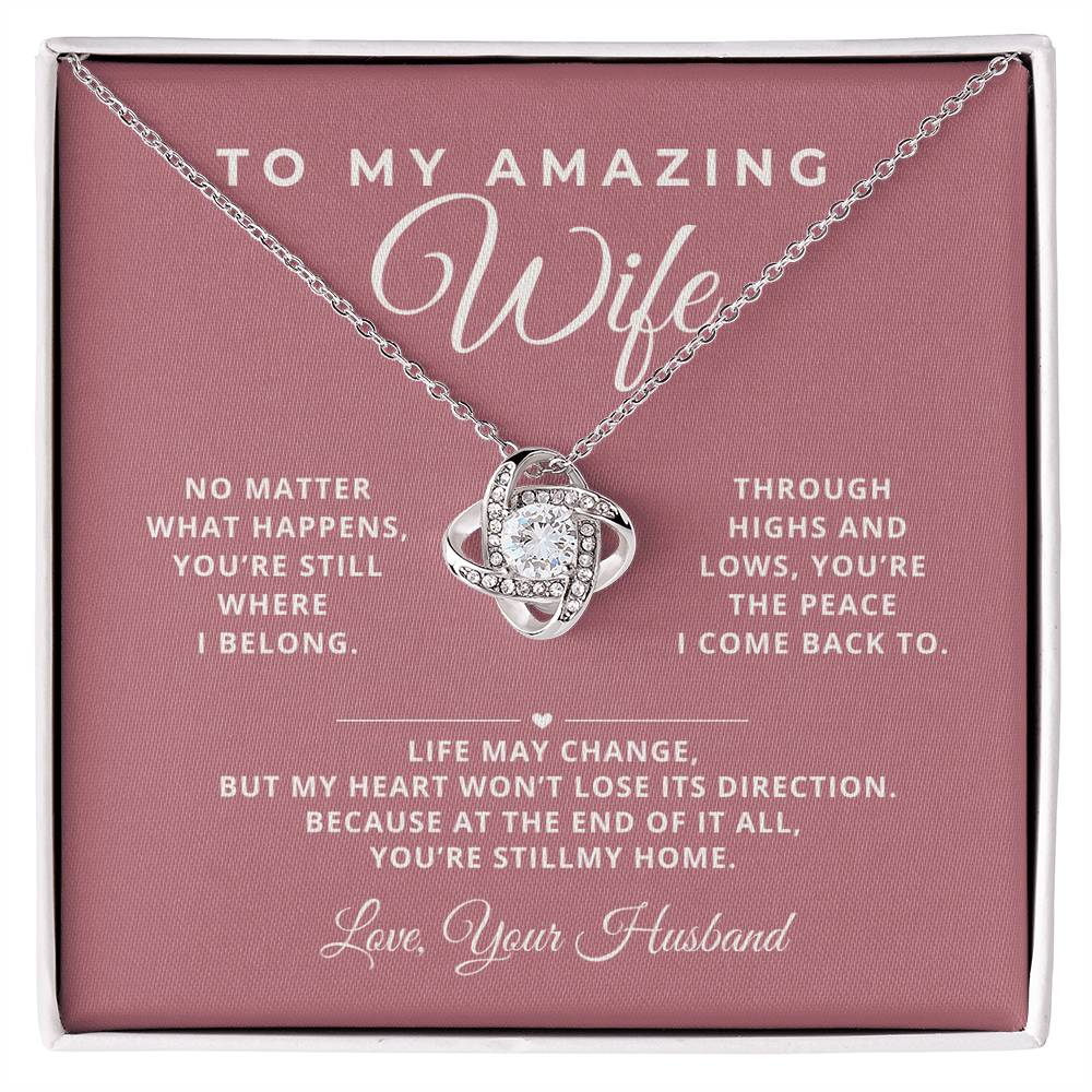To My Amazing Wife message card necklace gift from husband – romantic love note jewelry with cubic zirconia pendant, sentimental anniversary or birthday gift, made in USA.