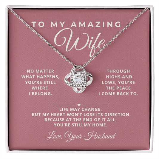 To My Amazing Wife message card necklace gift from husband – romantic love note jewelry with cubic zirconia pendant, sentimental anniversary or birthday gift, made in USA.