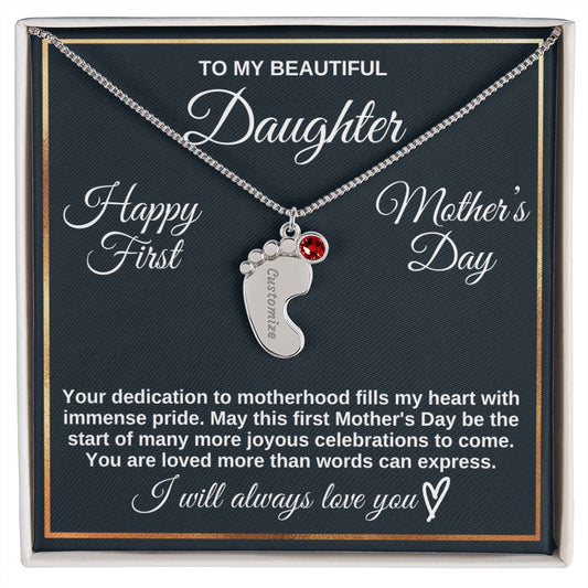To Daughter Necklace - Engraved Baby Feet with Birthstones | First Mother's Day Gift