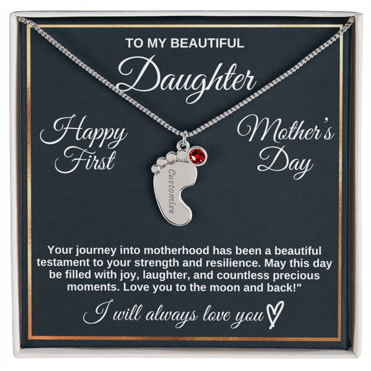 To Daughter Necklace - Engraved Baby Feet with Birthstones | First Mother's Day Gift