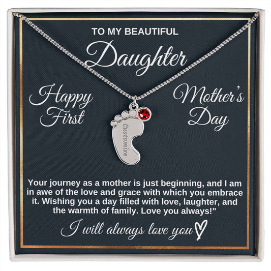 To Daughter Necklace - Engraved Baby Feet with Birthstones | First Mother's Day Gift