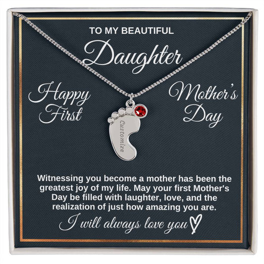 To Daughter Necklace - Engraved Baby Feet with Birthstones | First Mother's Day Gift