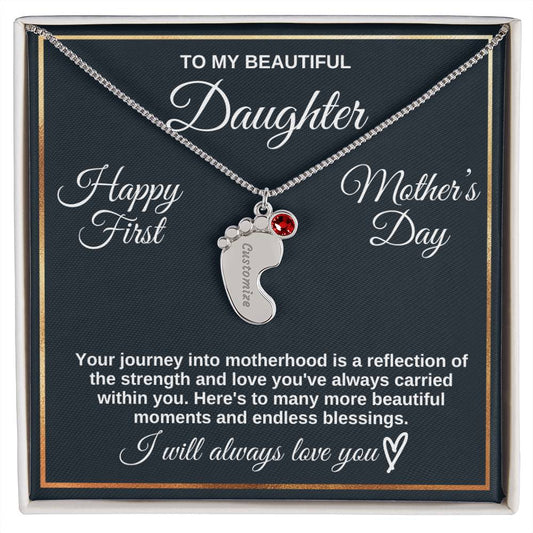 To Daughter Necklace - Engraved Baby Feet with Birthstones | First Mother's Day Gift