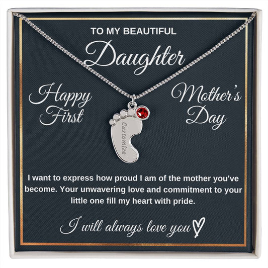 To Daughter Necklace - Engraved Baby Feet with Birthstones | First Mother's Day Gift
