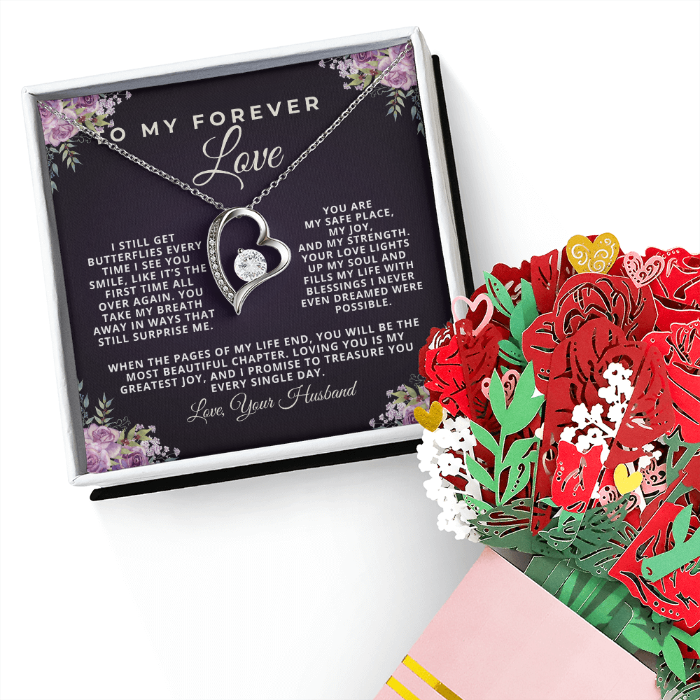 To My Wife – Forever Love Necklace and Flower Bouquet Gift Set | Romantic Birthday, Anniversary, or Christmas Jewelry Gift Made in USA