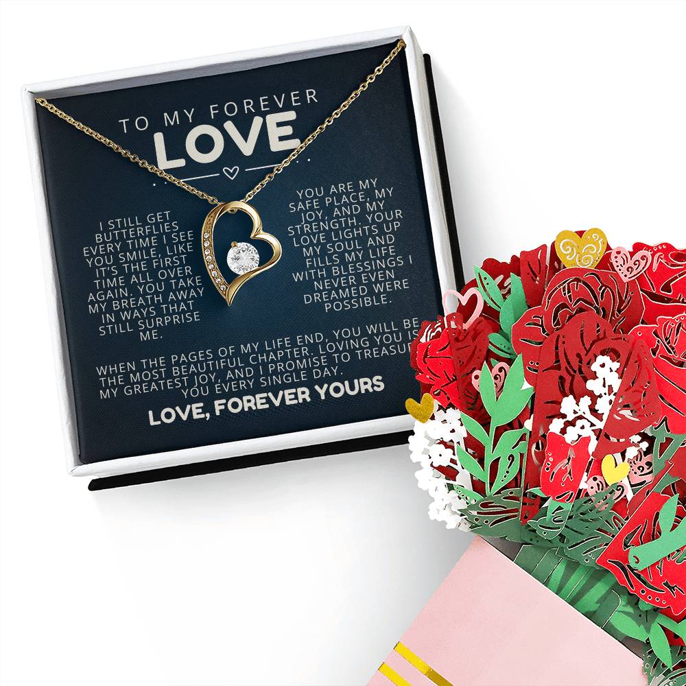 forever love jewelry gift with romantic message card for women, wife, soulmate, girlfriend, best for christmas, mother's day, birthday, and anniversary. with paper roses