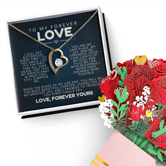 forever love jewelry gift with romantic message card for women, wife, soulmate, girlfriend, best for christmas, mother's day, birthday, and anniversary. with paper roses