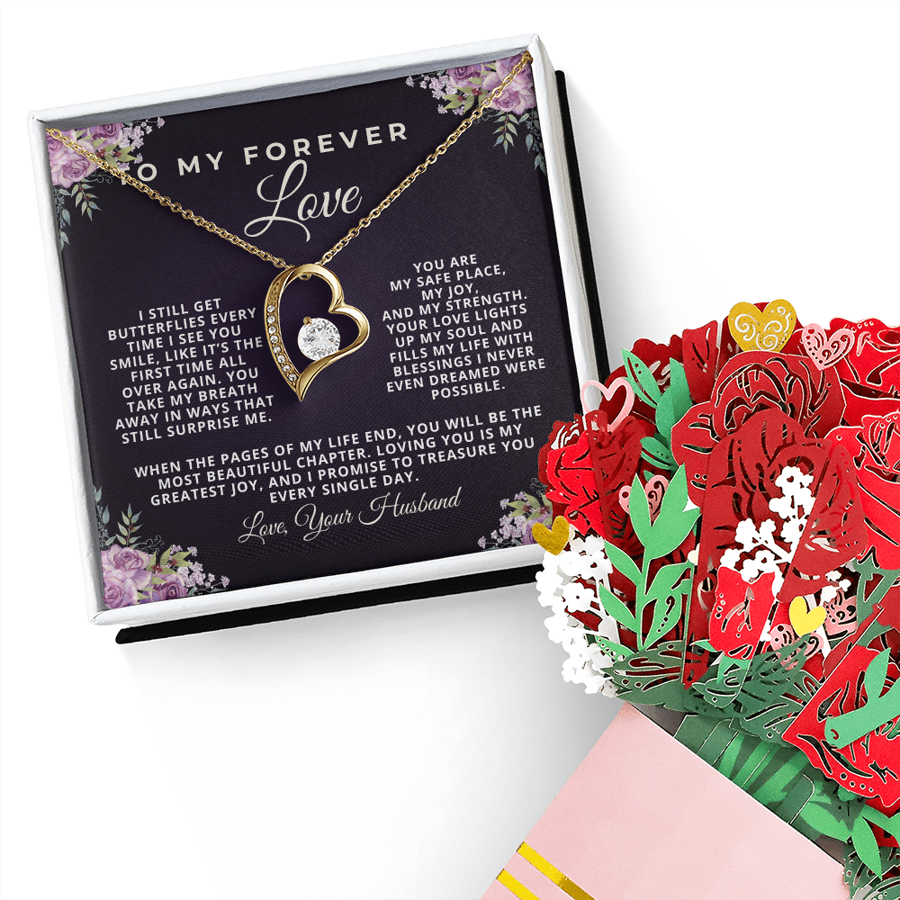 Forever Love Necklace and Sweetest Devotion Flower Bouquet gift set for wife — romantic anniversary, birthday, or Christmas jewelry made in USA