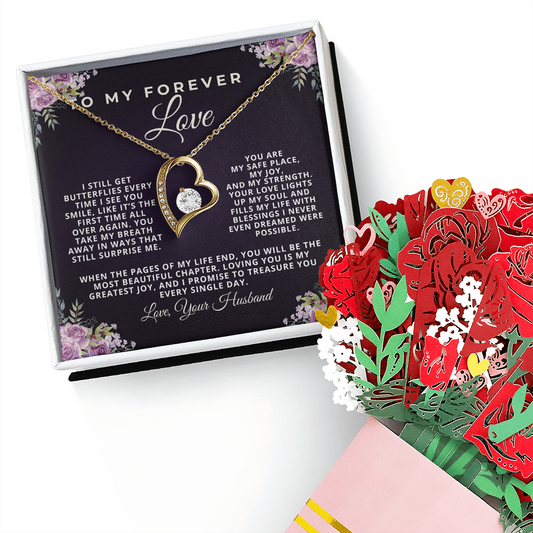 Forever Love Necklace and Sweetest Devotion Flower Bouquet gift set for wife — romantic anniversary, birthday, or Christmas jewelry made in USA
