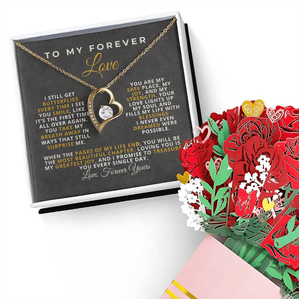 forever love jewelry gift with romantic message card for women, wife, soulmate, girlfriend, best for christmas, mother's day, birthday, and anniversary. with paper roses
