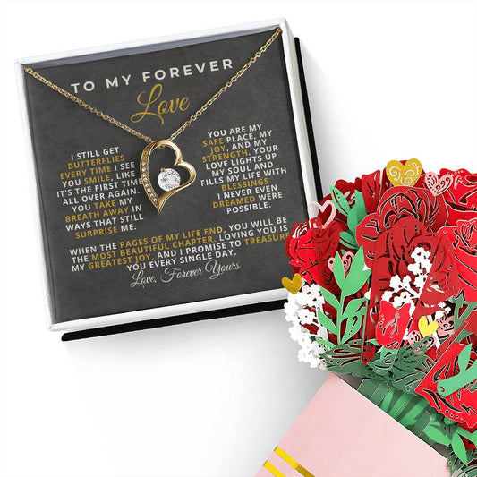 forever love jewelry gift with romantic message card for women, wife, soulmate, girlfriend, best for christmas, mother's day, birthday, and anniversary. with paper roses