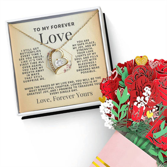 forever love jewelry gift with romantic message card for women, wife, soulmate, girlfriend, best for christmas, mother's day, birthday, and anniversary. with paper roses