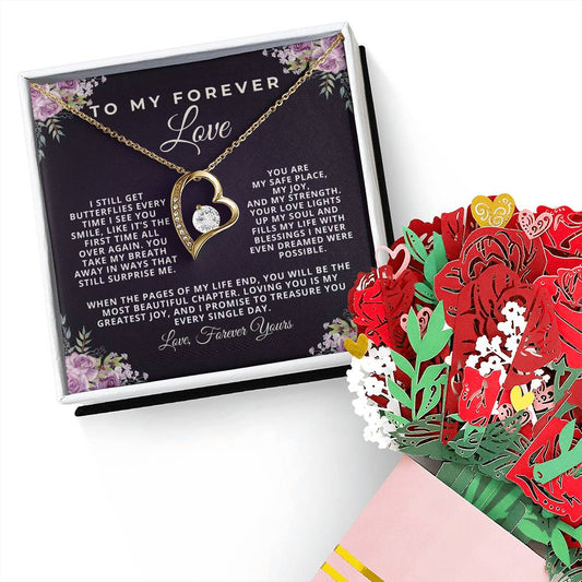 forever love jewelry gift with romantic message card for women, wife, soulmate, girlfriend, best for christmas, mother's day, birthday, and anniversary. with paper roses