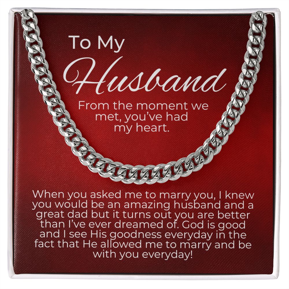 valentine's gifts for him, valentine's day gift for husband, message card jewelry, cuban link chain, gift for a husband on valentine's day, personalized valentine gifts for husband, fun valentine gifts for husband